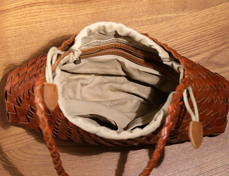 Warm Caramel Hand Woven Underarm Bag, All-Matching Braided Leather Single Shoulder Handle Open Top Trapezoid Armpit Tote, Soft Wide Weave Daily Handbag Matching Retro Linen & Minimal Casual Outfits