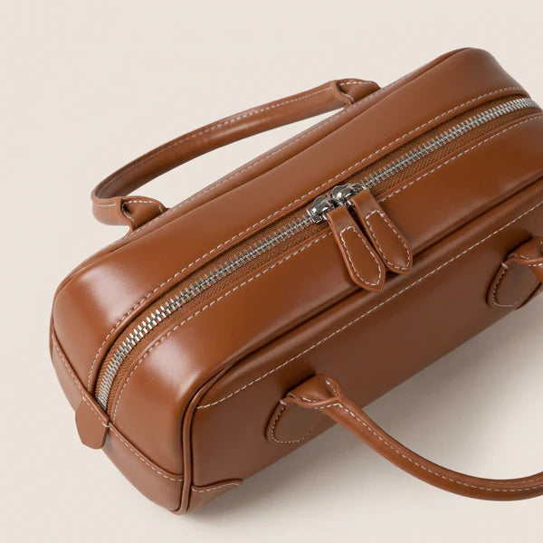Soft  Structured Underarm Bag, Dual Integrated Slim Leather Shoulder Straps Full Side Zip Mini Bowling Purse,