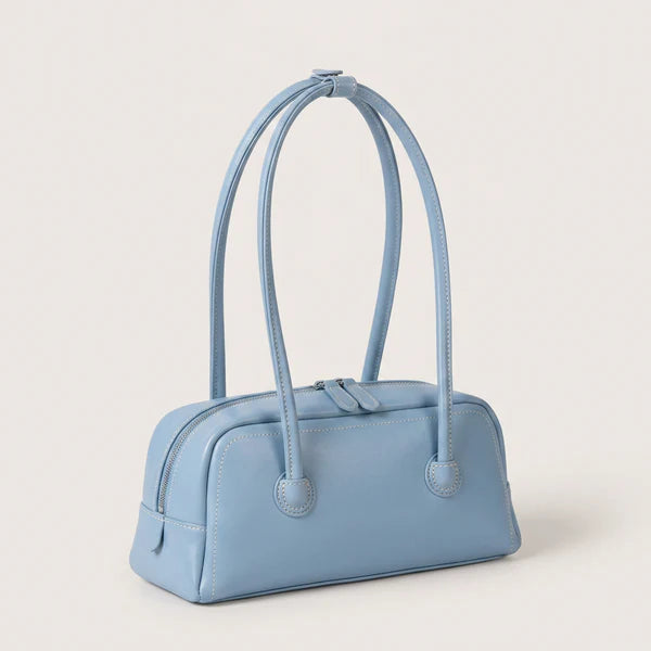 Soft  Structured Underarm Bag, Dual Integrated Slim Leather Shoulder Straps Full Side Zip Mini Bowling Purse,