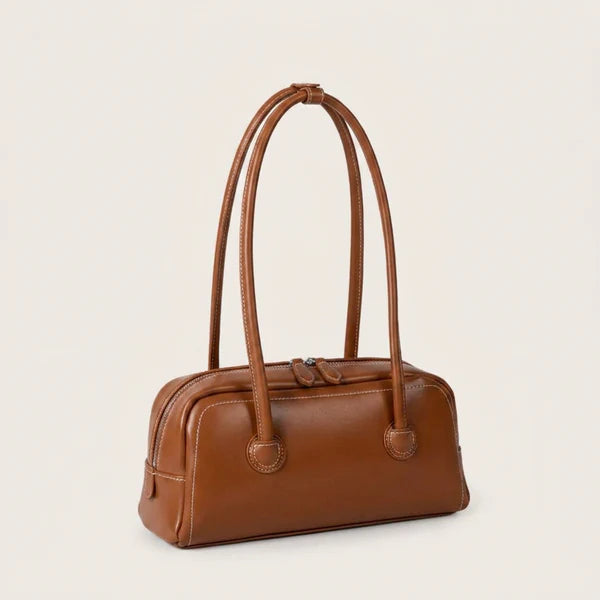 Soft  Structured Underarm Bag, Dual Integrated Slim Leather Shoulder Straps Full Side Zip Mini Bowling Purse,