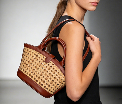 Hollow Woven Rattan Bucket Bag, Glossy Chestnut Leather Trim Dual Top Handles Detachable Adjustable Crossbody Strap Magnetic Snap Mini Tote