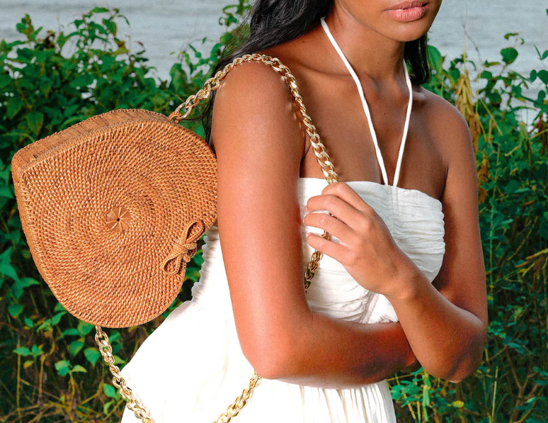 Warm Natural Brown Heart Shaped Rattan Crossbody Bag
