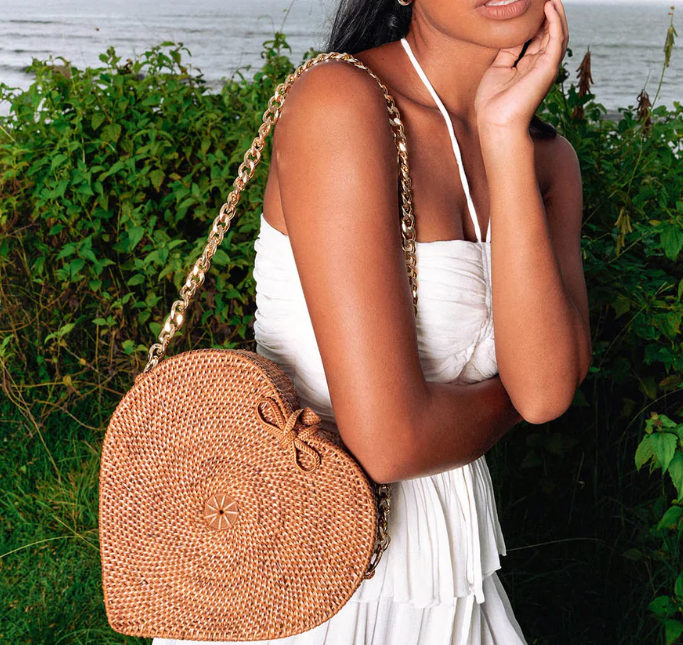 Warm Natural Brown Heart Shaped Rattan Crossbody Bag