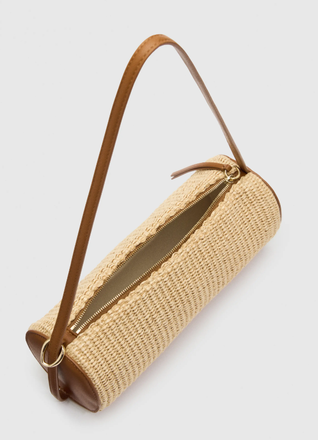 Natural Beige Cylindrical Rattan Shoulder Bag, Warm Tan Leather Trim Single Slim Top Strap Full Side Zip Mini Woven Barrel Purse